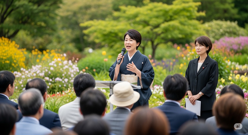 花が咲き誇る屋外で、和服を着た日本人女性が聴衆に向けて演説をしている様子。隣には別の日本人女性が立っている。