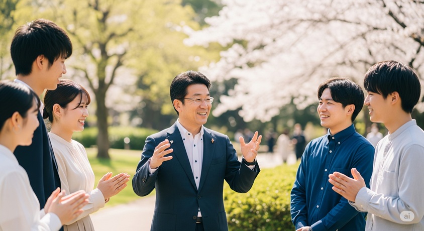 桜の木の下の公園で、若い日本人たちが政治家らしき日本人男性と楽しそうに話している様子。