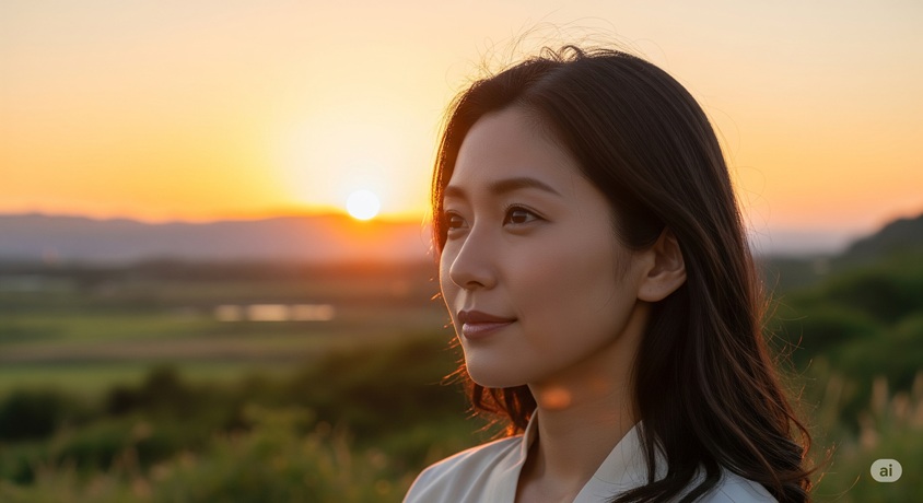 "夕日を背景に、遠くを見つめる女性の横顔。その表情からは穏やかさと多面的な魅力が感じられる。"