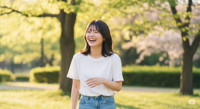 初夏の公園で白いTシャツを着て楽しそうに笑う若い女性"