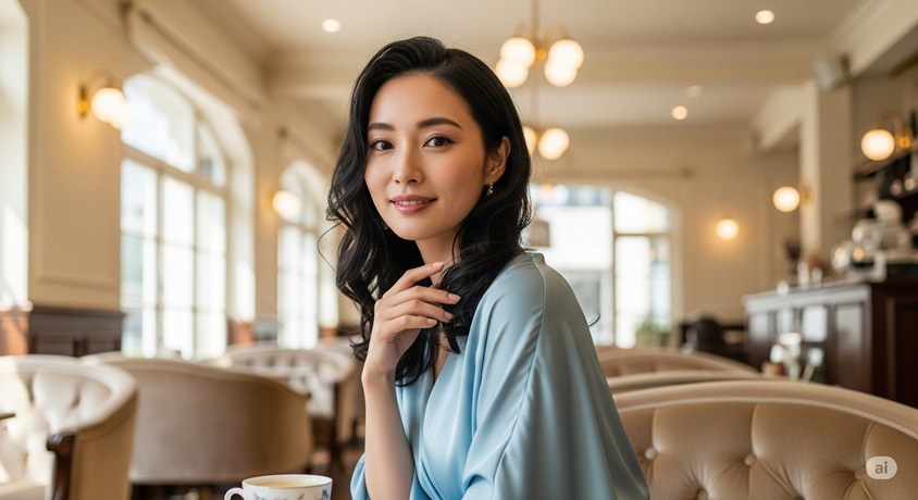 "クラシックなカフェの席で、水色の服を着て上品に微笑む女性"