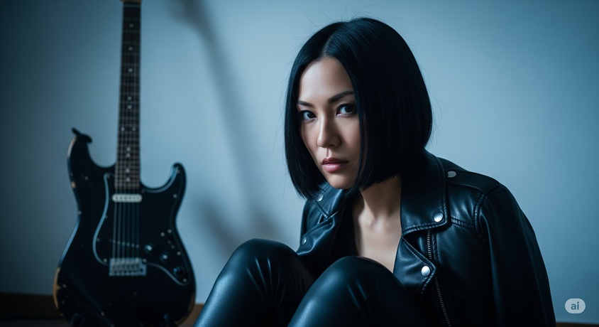 "黒いレザージャケットを着て、ギターのそばに座るクールでアーティスティックな雰囲気の女性"