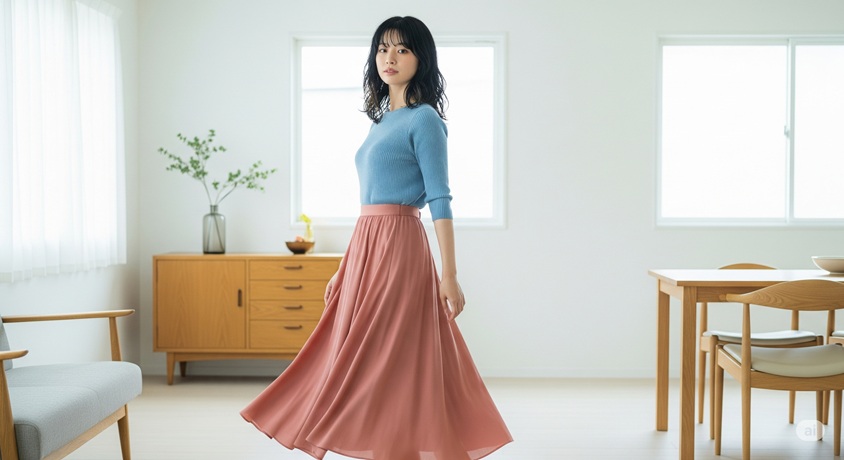 "明るいリビングで、青いニットとピンクのロングスカートを合わせた女性"