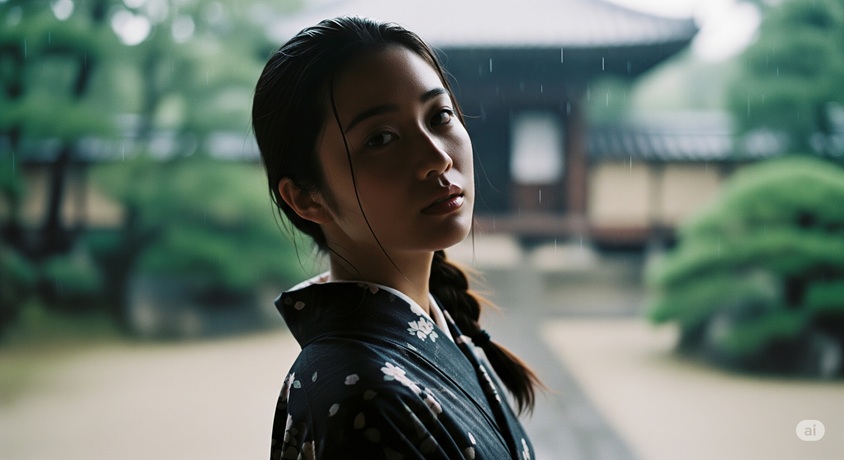 "雨が降る日本庭園で、黒い着物を着て物憂げな表情を見せる女性"