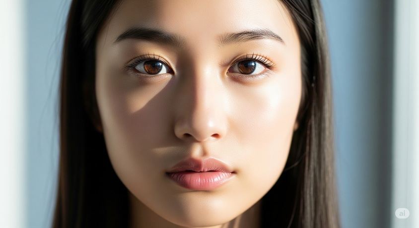 "若い女性の顔のクローズアップ。光を受けて輝く、潤いのある唇が印象的。"