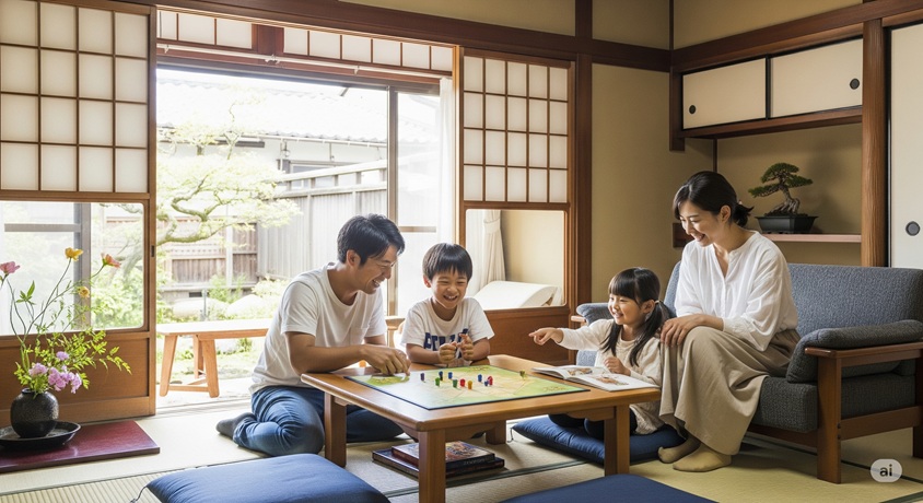 日当たりの良い和室の座卓で、家族4人が楽しそうにボードゲームをしている様子。