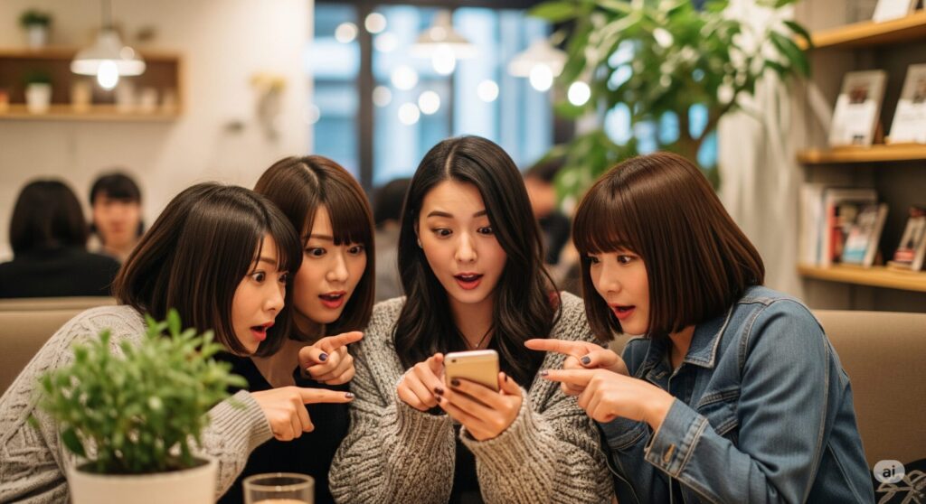 カフェのような場所で、4人の女性が1つのスマートフォンをのぞき込んでいます。みな驚いたような表情をしていて、興味深い情報を見つけたのかもしれません。