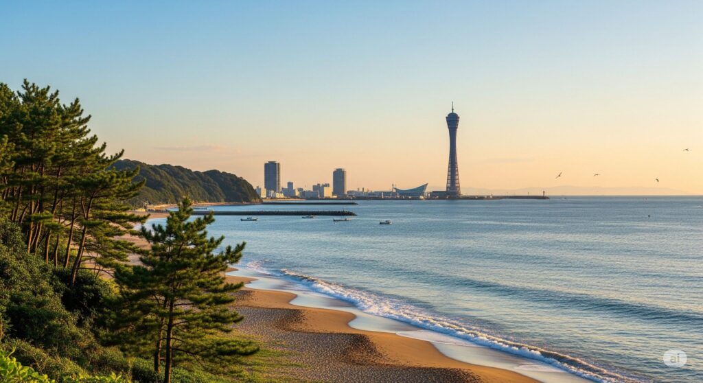 海岸線の向こうにタワーが見える千葉県の風景