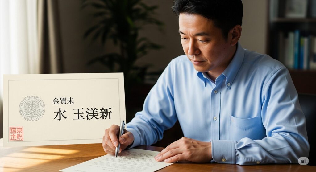 書類に目を通すスーツ姿の日本人男性