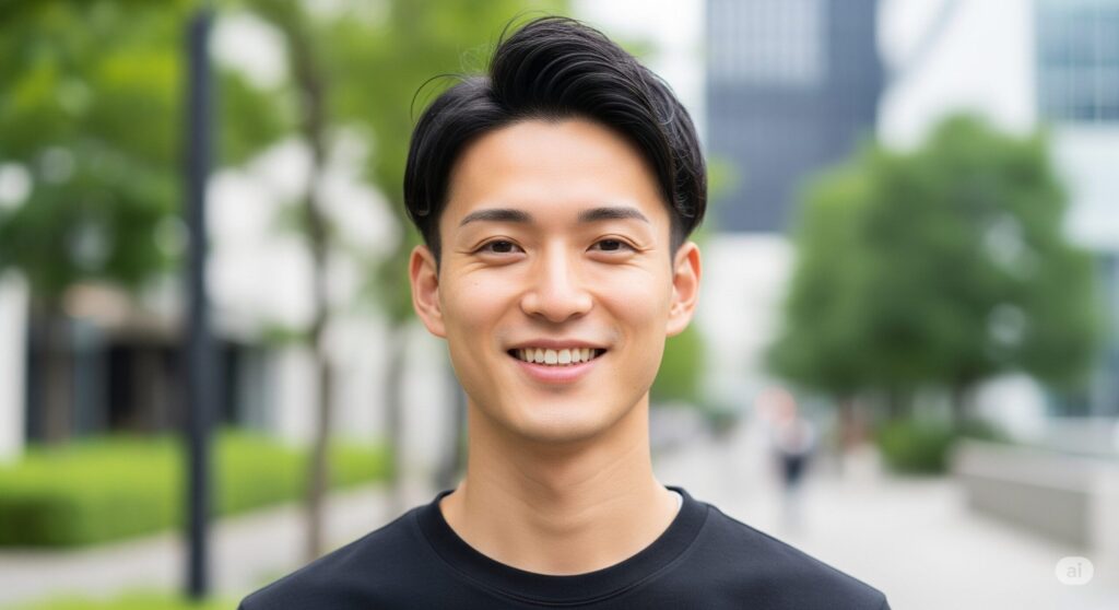 屋外で爽やかな笑顔を見せる若い日本人男性