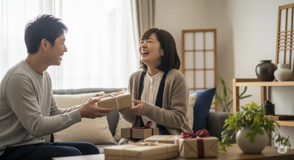 リビングで楽しそうにプレゼントを交換する日本人男女