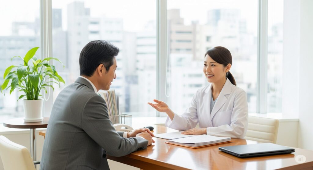 明るい診察室で女性医師と話すスーツ姿の日本人男性