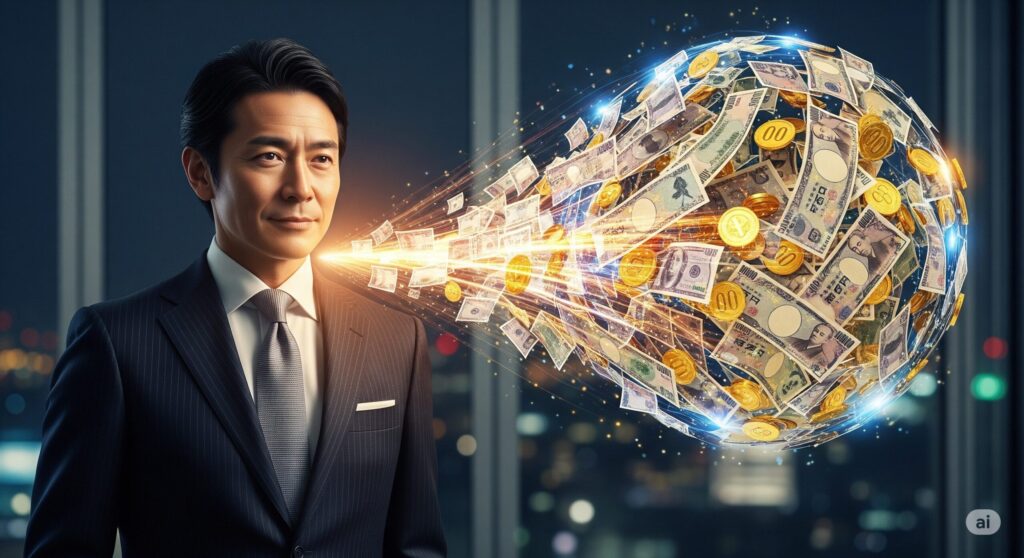 スーツ姿の男性の横で、日本円やドル紙幣、硬貨が球体になって光り輝いています。