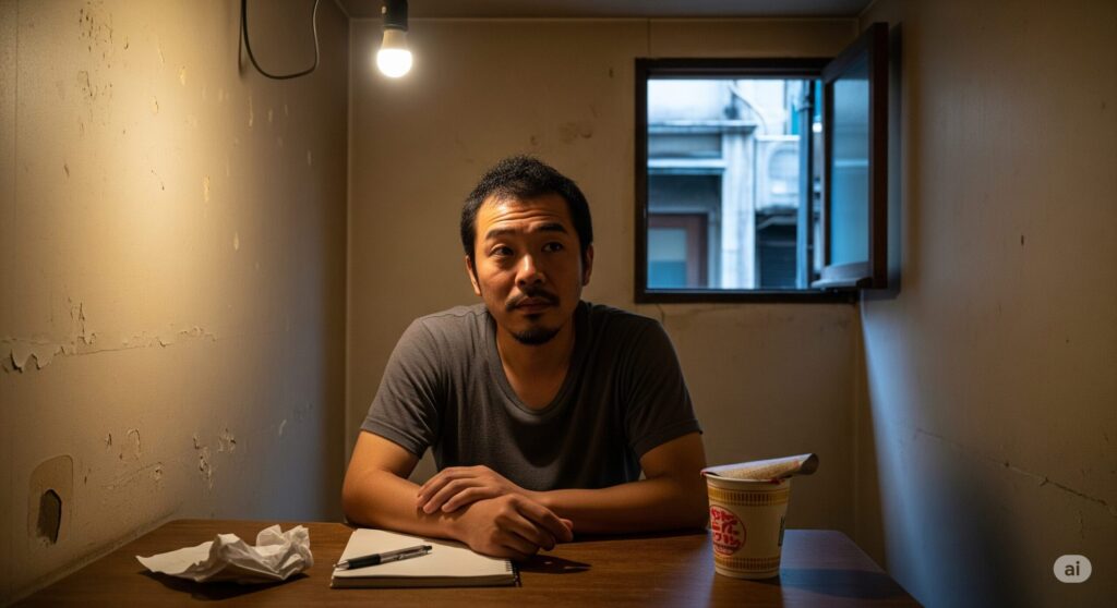 簡素な部屋で、疲れたような表情の男性が机に向かっています。机の上にはインスタント麺の容器があります。