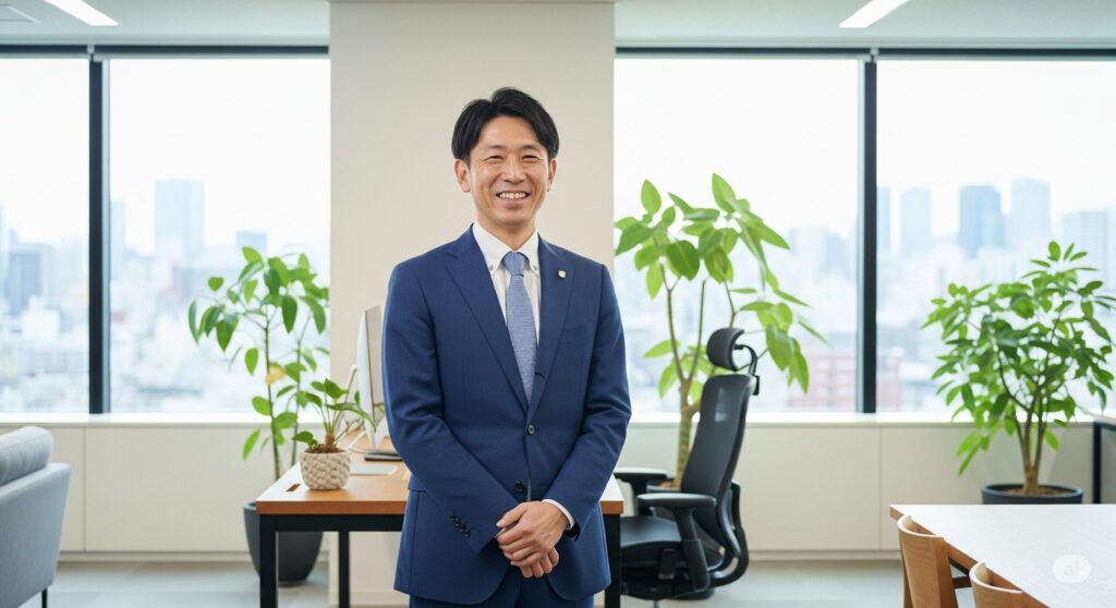 大きな窓のある明るいオフィスで、笑顔の男性がカメラに向かって立っています。