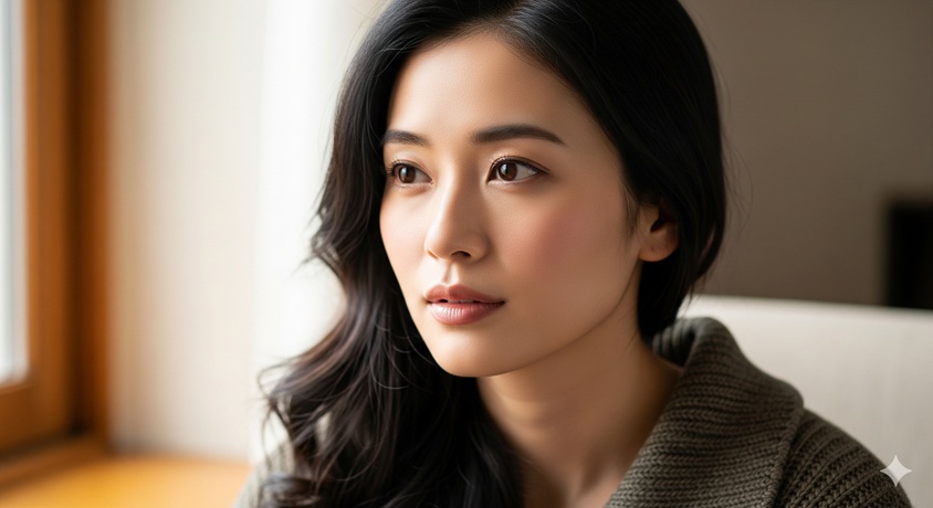 窓辺で物思いにふける若い日本人女性。