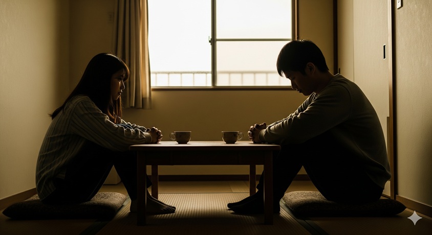 室で向かい合って座り、険しい表情で話し合う男女。