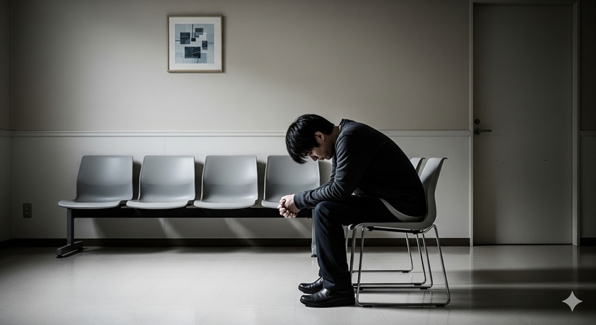 病院の待合室で一人うなだれる男性。