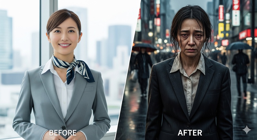 清潔感のあるオフィスワーカーの女性(BEFORE)と、雨の中を疲れた表情で歩くホームレス姿の女性(AFTER)の比較画像。