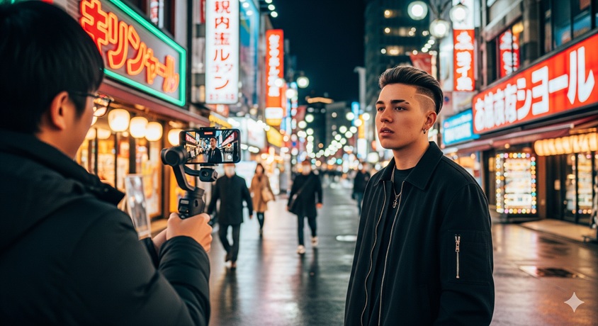 夜の繁華街でスマートフォンを使って男性を撮影している様子。
