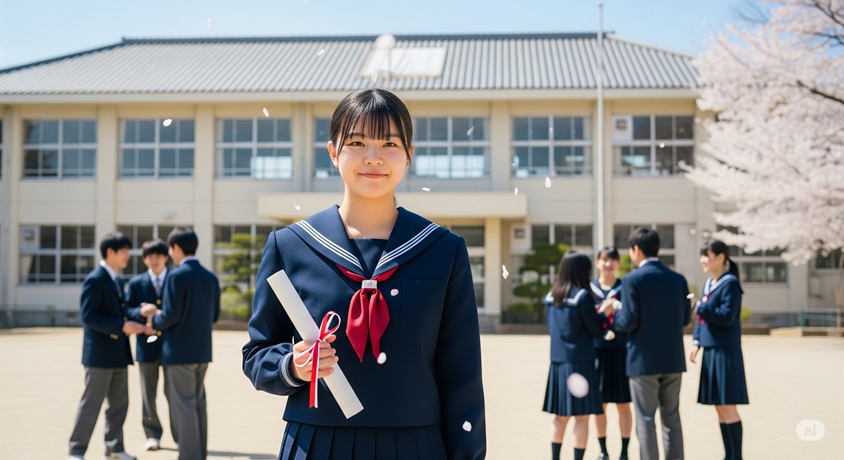 学校の校庭で、卒業証書を手に持って微笑んでいる女子高生です。背景には他の生徒と校舎が見えます。