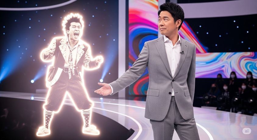 舞台に立つ男性芸人が、隣にホログラムで投影された過去の自分を見つめている様子です。