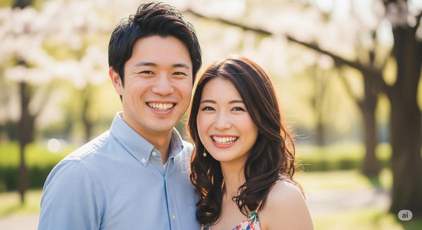 屋外で、桜の木の下と思われる場所で笑顔を見せる若い男女の夫婦のポートレートです。