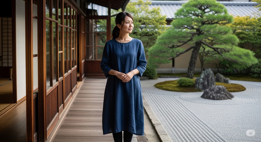 庭園に面した縁側で、青いワンピースを着た若い女性が立ち、穏やかな表情で遠くを見つめている様子。