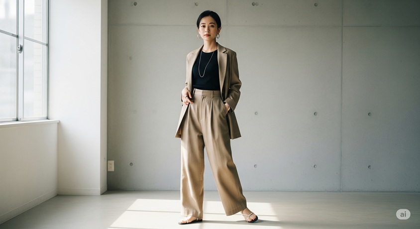 室内のコンクリートの壁を背景に、ベージュのセットアップスーツを着て立つ女性の全身像