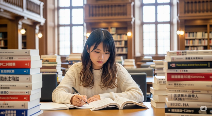 歴史を感じさせる書斎で、山積みの本に囲まれながら、ノートにペンで書き込みをする若い女性の姿