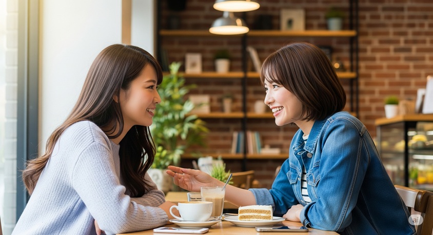 カフェの窓際で向かい合い、笑顔でおしゃべりを楽しむ2人の若い女性。テーブルにはコーヒーとケーキが置かれています。