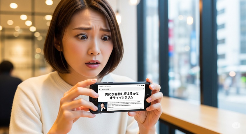 スマートフォンを両手で持ち、画面に表示された記事を見て、口を開けて驚きの表情を浮かべる女性のアップ