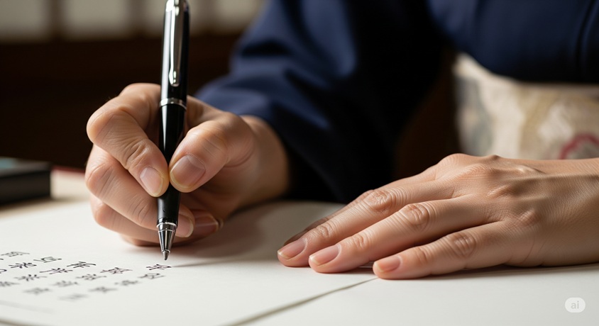 黒い万年筆で、和紙のような紙に日本語の文字を丁寧に書いている女性の手元