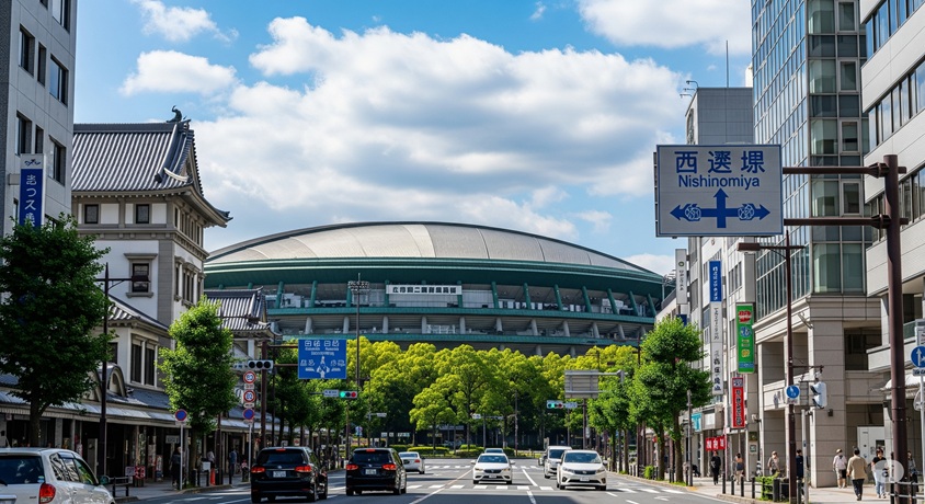 庫県西宮市の街並み。道路の奥には甲子園球場が見える。
