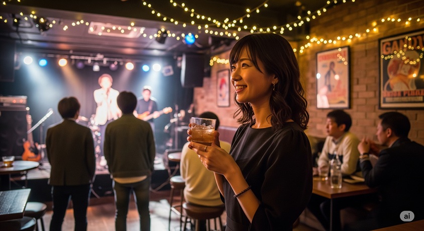 ライブハウスの店内で、グラスを片手にステージを見つめる日本人女性