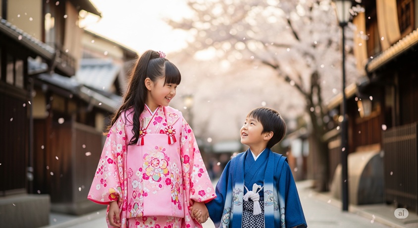 桜並木の下で、着物姿の日本の姉弟が手をつないで見つめ合っている様子