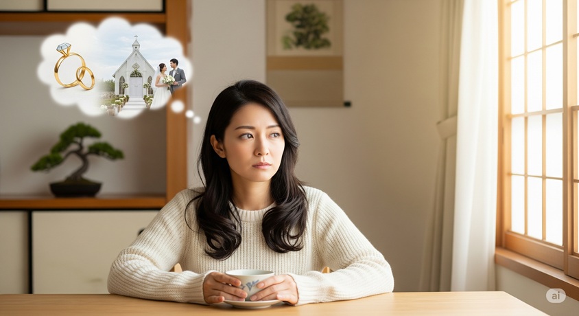 テーブルでカップを手に持ち、結婚について考えている様子の日本人女性