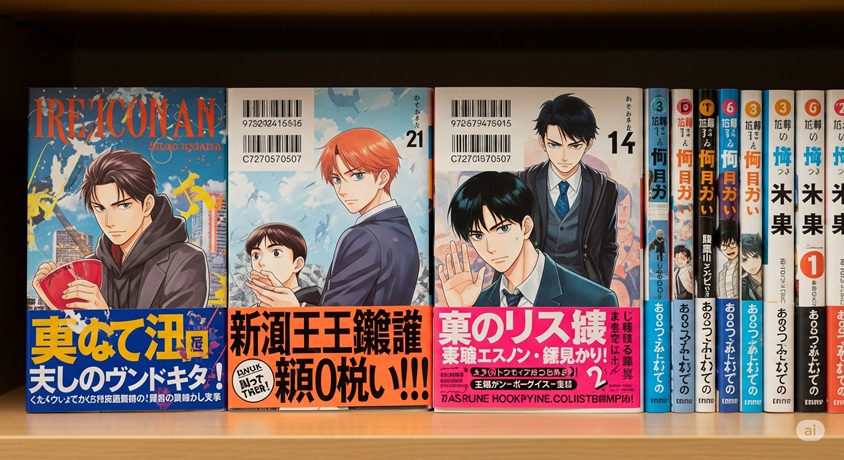 マンガの単行本が複数並んだ書棚の様子。表紙にはアニメ風のキャラクターが描かれており、いくつかのタイトルが見られます。