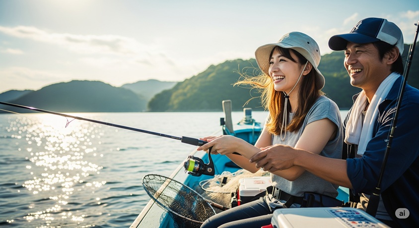 晴れた海の上で、釣りを楽しんでいる中年の男性と若い女性。二人は笑顔でこちらを見ています。