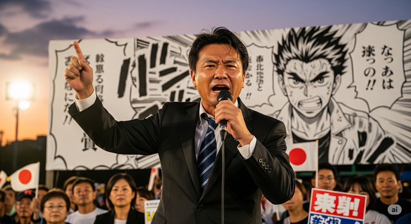 多くの聴衆の前で、マイクを持って演説しているスーツ姿の男性。背後にはマンガ風のイラストが描かれた幕が掲げられています。
