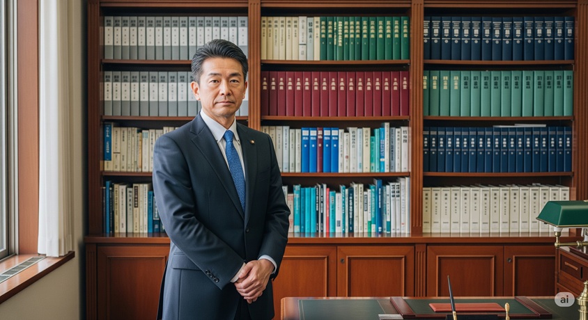 スーツを着た中年の男性が、書棚を背景に立っている様子。