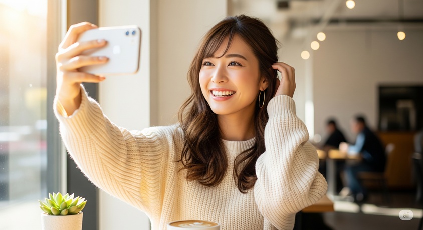 カフェで笑顔で自撮りしている女性。