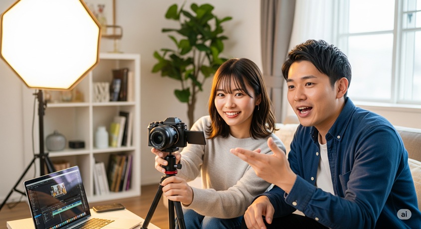 リビングでカメラを持ち、YouTube撮影をしている男女のカップル。