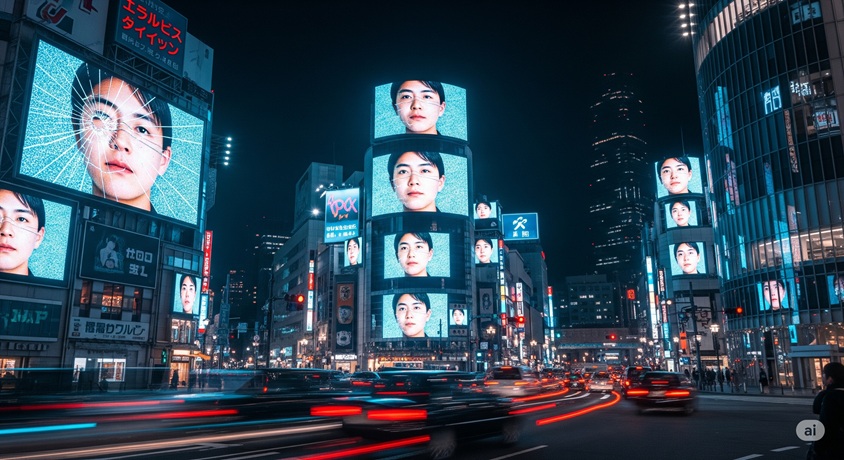 複数のテレビ画面や看板に同じ日本人の顔が映し出され、メディアへの露出が過剰であることを表現しています。