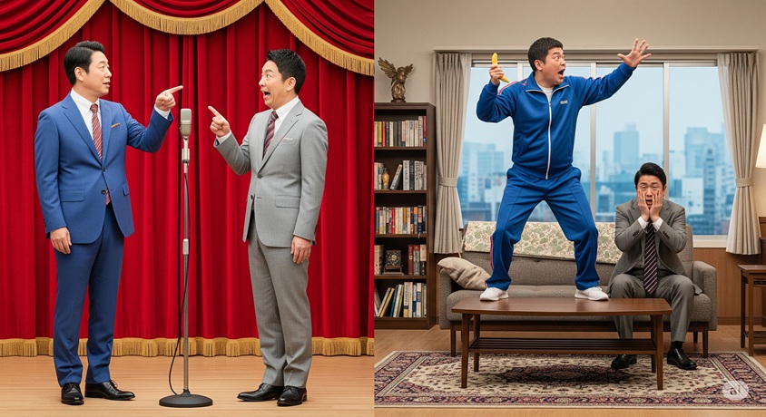 漫才を披露する二人の男性と、コントを演じる二人の男性を左右に分けて比較する画像です。