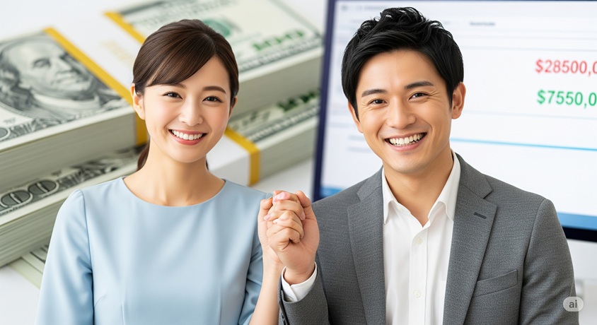 笑顔の夫婦が手を取り合っており、その後ろに札束や口座残高を示す画面が描かれ、結婚と経済的な成功を表現しています。