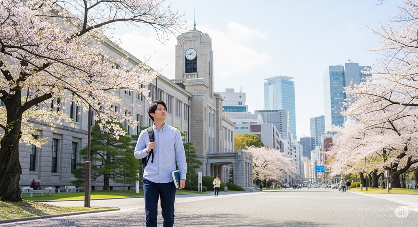 桜が満開の季節、レンガ造りの重厚な大学の建物を背景に、バックパックを背負った若い男性が晴れやかな表情で歩いています。