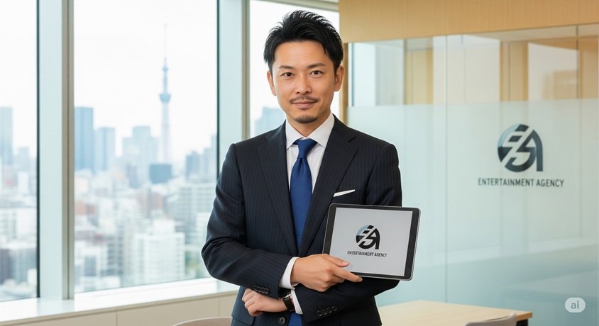 会のオフィスで、窓から見える東京スカイツリーを背景に、ネイビーのスーツを着た男性がタブレットを持って正面を向いて立っています。タブレットには「ENTERTAINMENT AGENCY」と書かれたロゴが表示されています。