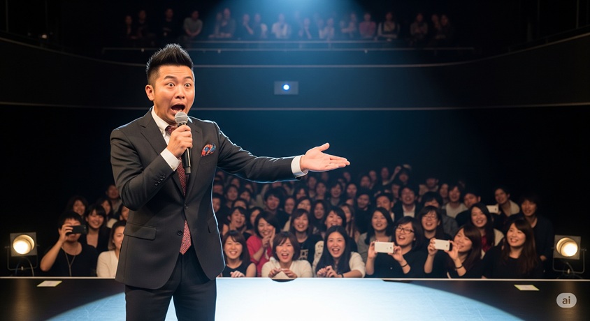 スポットライトを浴びたステージに立つ男性のお笑い芸人が、マイクを片手に驚いたような表情で観客席に向かって話しかけています。観客は笑顔で、何人かはスマートフォンを構えています。