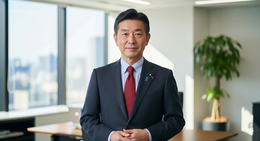 広いオフィスでスーツ姿で立つ日本人男性